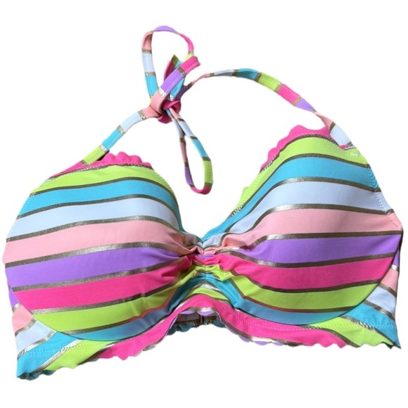 VICTORIA'S SECRET Swim Striped Metallic Ruffled Bikini Top 34DD Preppy Vibrant - Picture 1 of 6